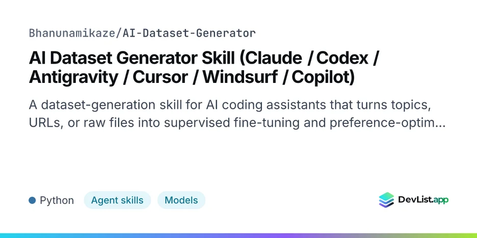 AI Dataset Generator Skill (Claude / Codex / Antigravity / Cursor / Windsurf / Copilot)