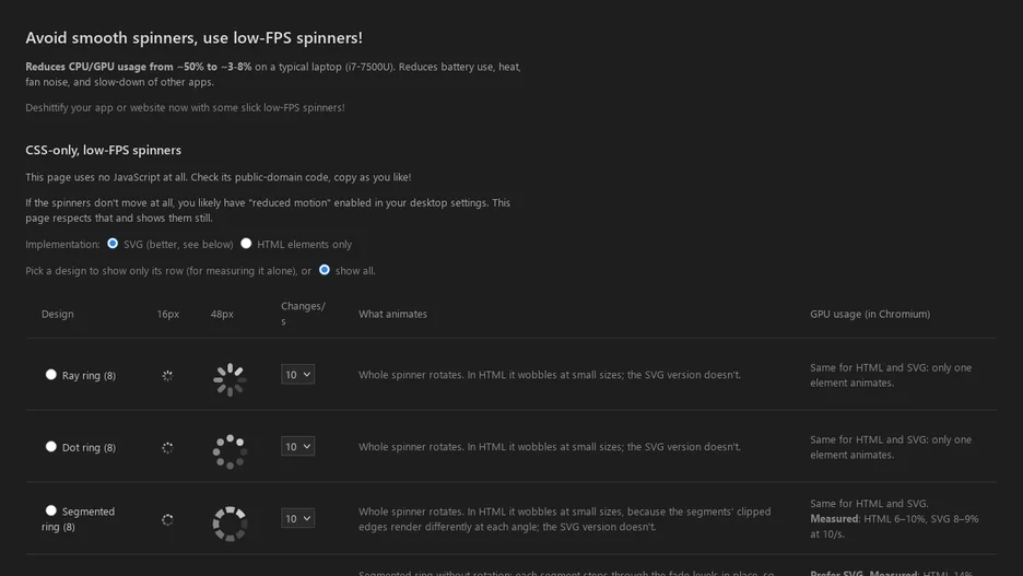 Avoid smooth spinners, use low-FPS spinners