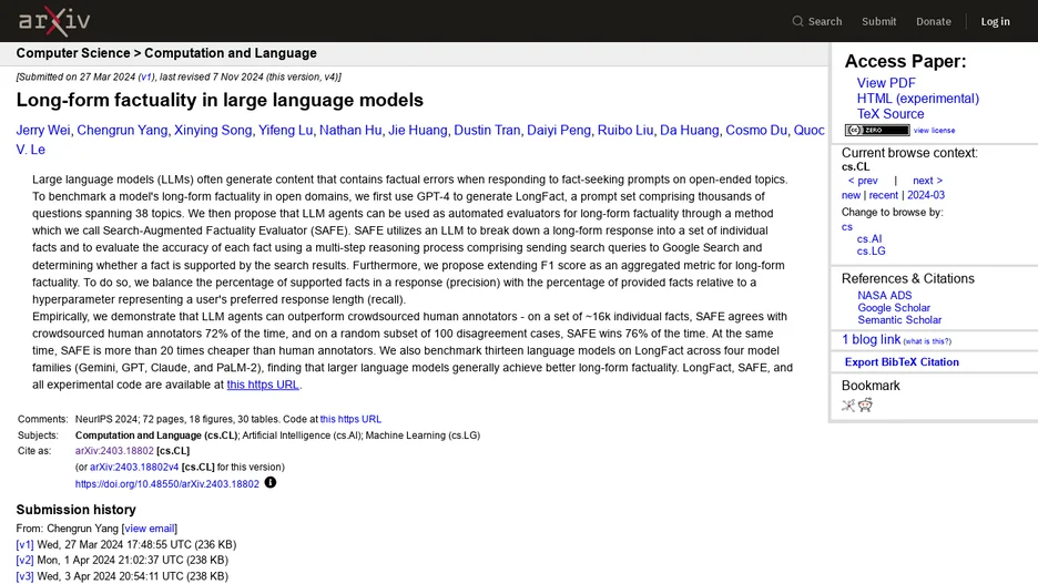 Long-Form Factuality in Large Language Models