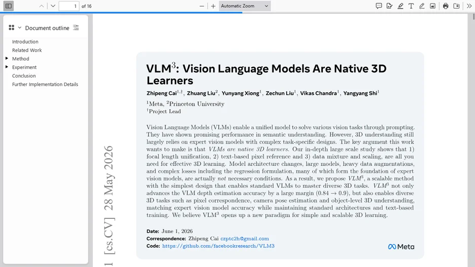 VLM3: Vision Language Models Are Native 3D Learners